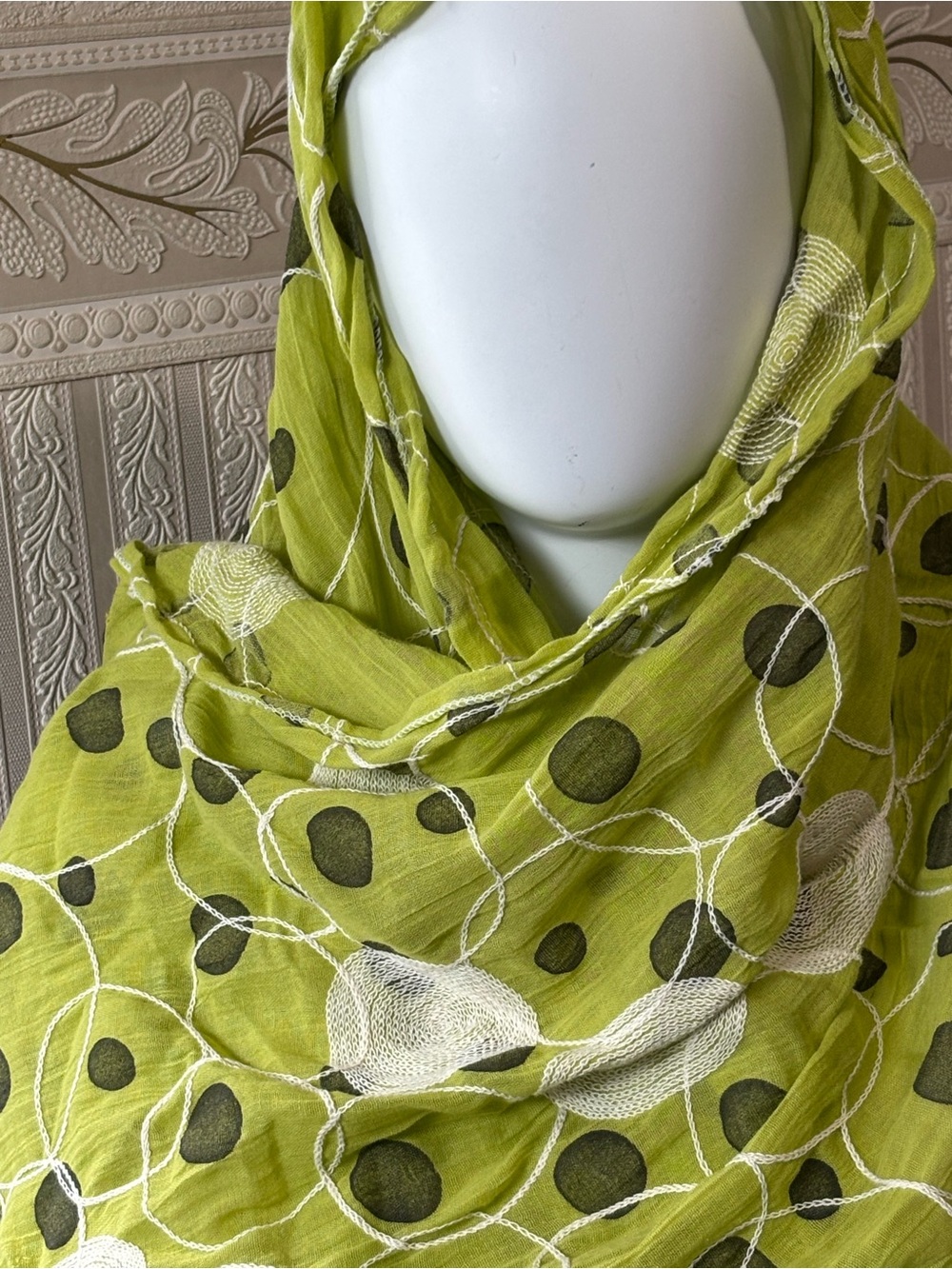 Tickled Pink 100% cotton Lime Green Polka Dot Scarf/ White Embroidery & Tassels